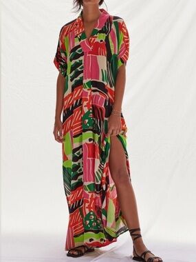 BEL KAZAN Anthropologie Tropical Caftan Maxi Sz M/L Resort Vacation Beach Pool